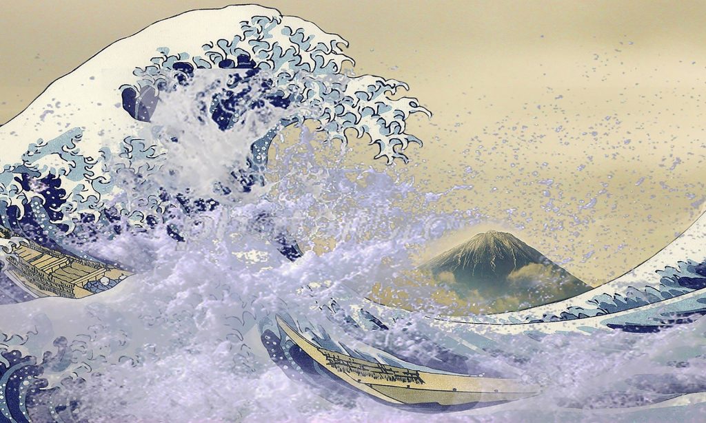 Art depicting Mt. Fuji behind a wave. 