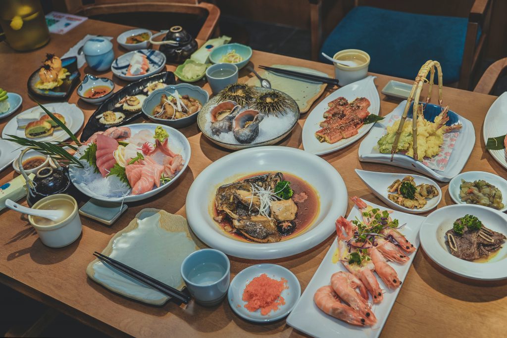 Japanese food set on the table. 10 popular Japanese foods you must try.