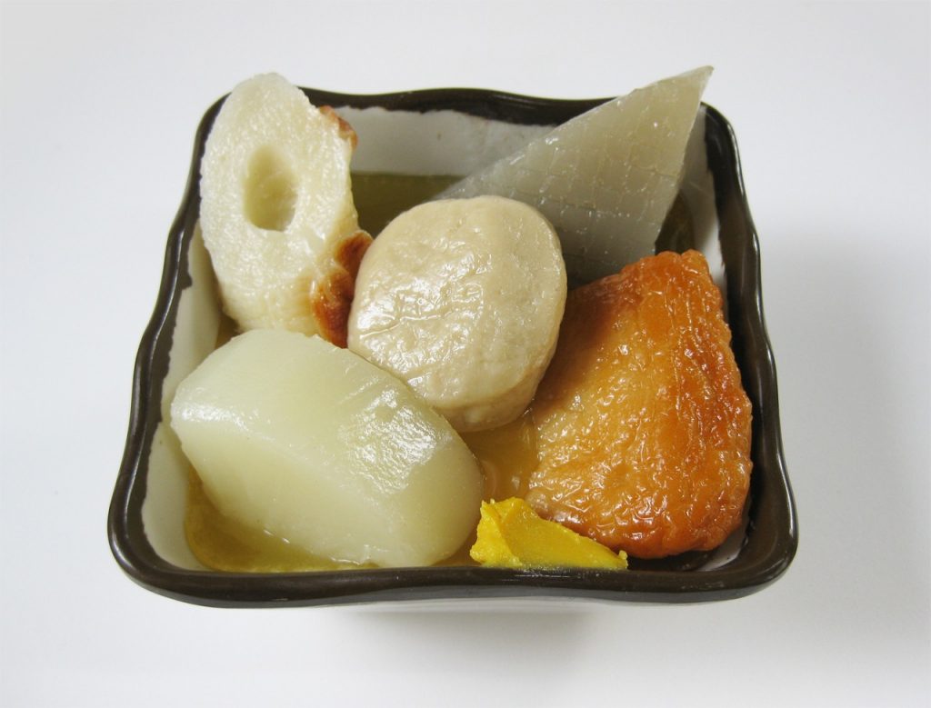 Oden on a small plate with Japanese daikon, Fried tofu, Chikuwa 