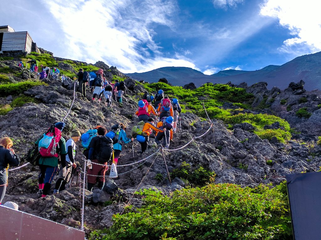 The queues building up on the way to the summit of Mt. Fuji. Climbing Mt. Fuji at Night.