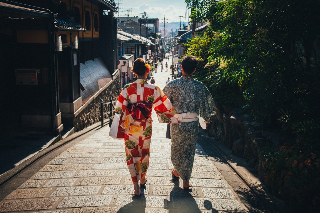 What to buy in Japan? Yukata's 
Two couples walking holding hands.