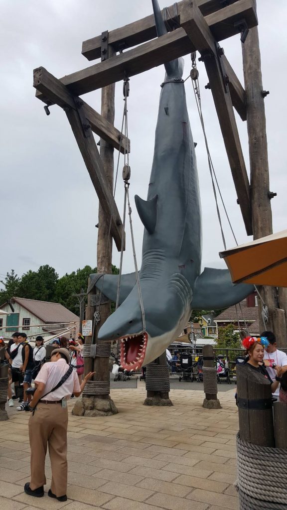 A Shark hanging outside of the JAWS ride at Universal Studio Japan