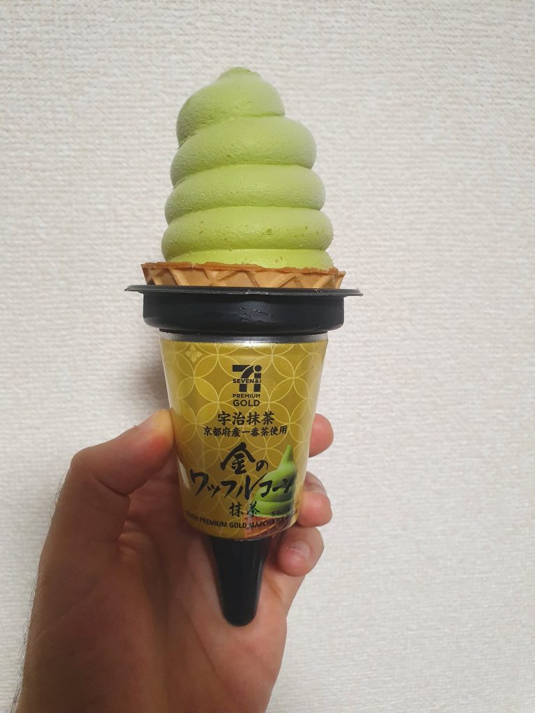Holding a Matcha Ice cream from 7/11 Japan One of the unique Japanese ice creams