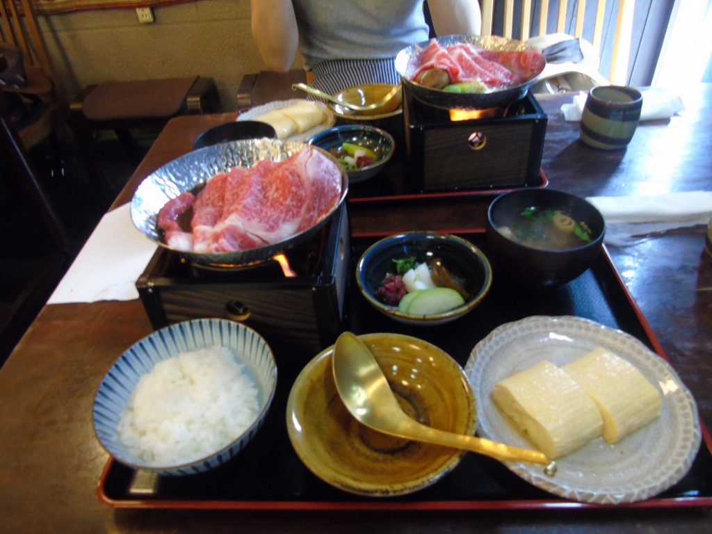 Wagyu beef dish set served with Japanese pickles, omelet and rice and miso soup at a restaurant in Gion District in Kyoto