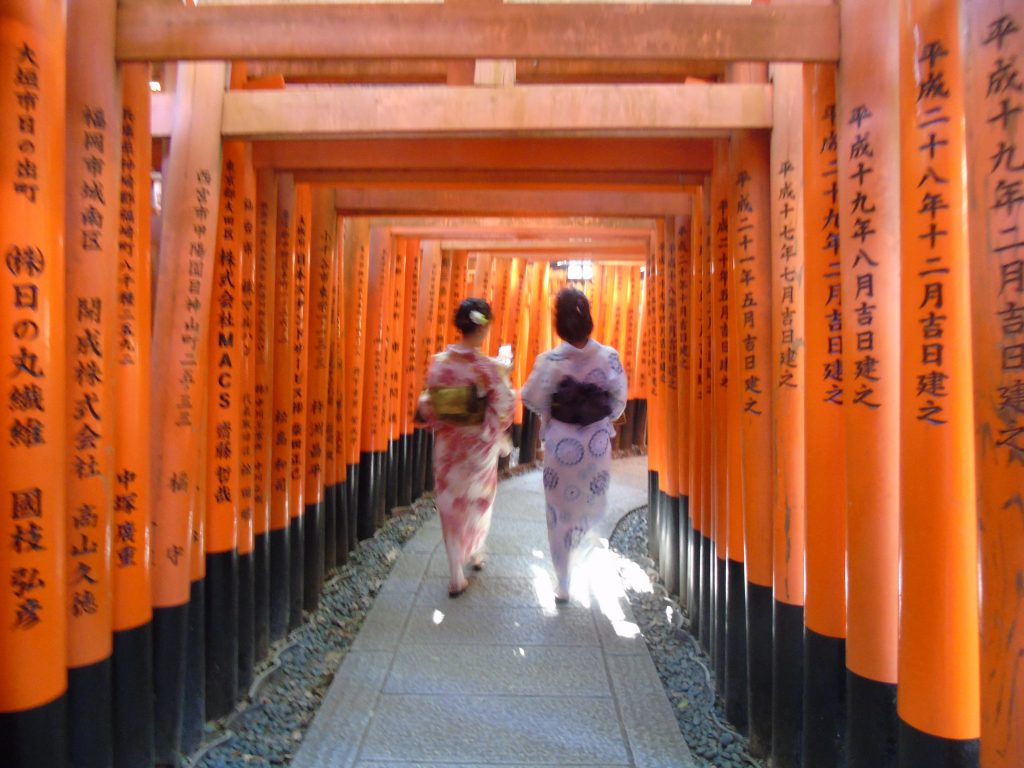 What are the top places to go to or sights to see in Kyoto?
Two women walking through the Tori gates at the Fushimi Inari Taisha Shrine