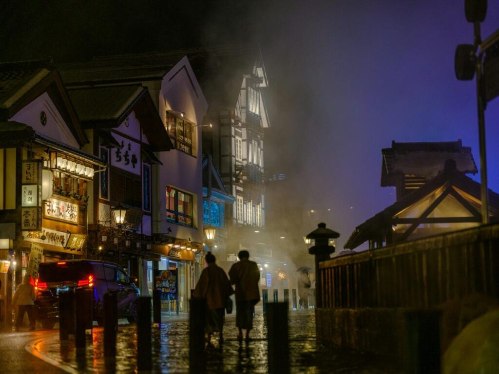Traditional onsen town street at night